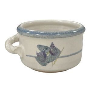 Shallow White and Blue Hand Glazed Handled Stoneware Mug or Broth Bowl